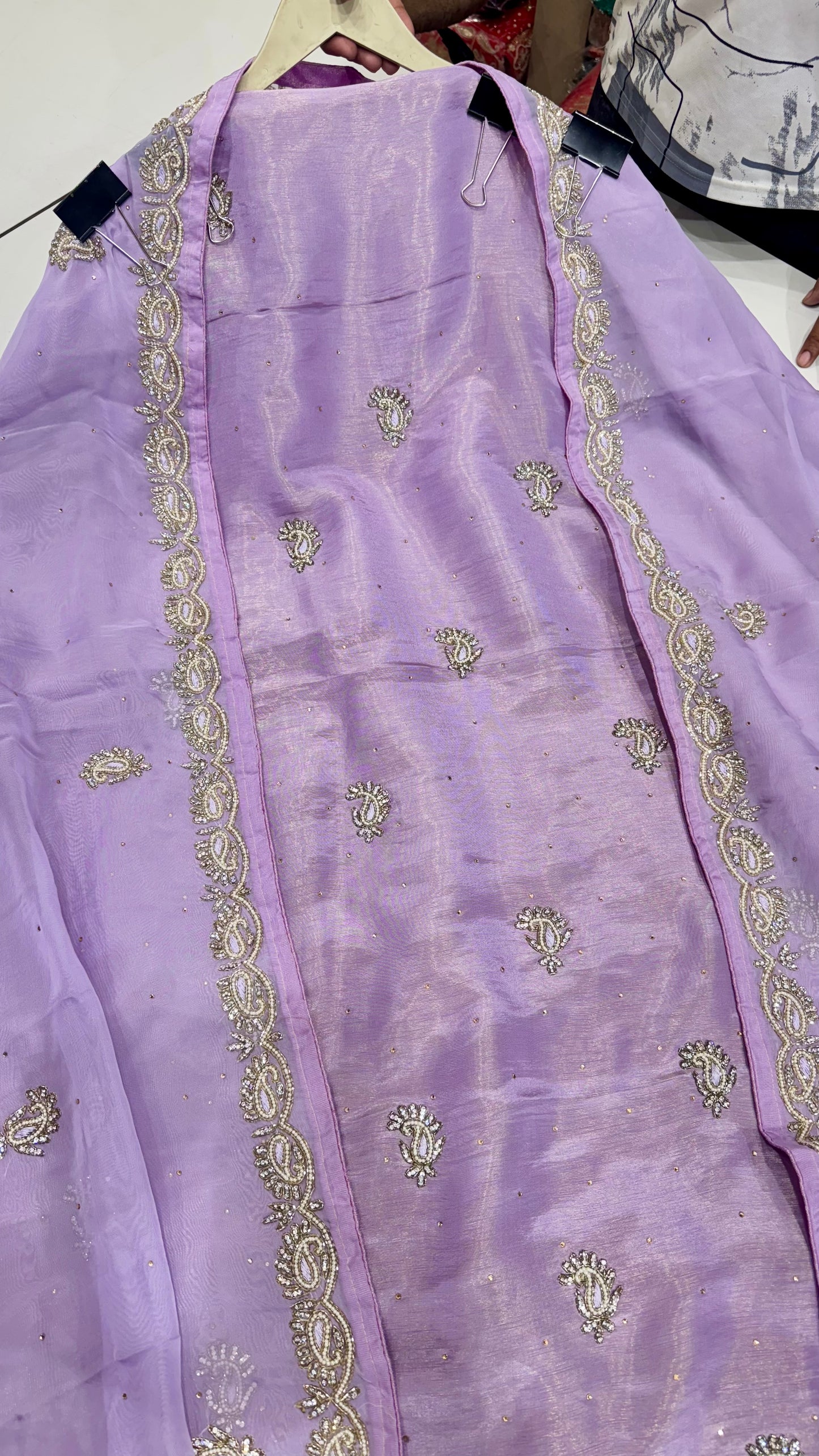 Elegant Hand-Embroidered Pure Tissue Suit with Pearl & Zarkan Detailing