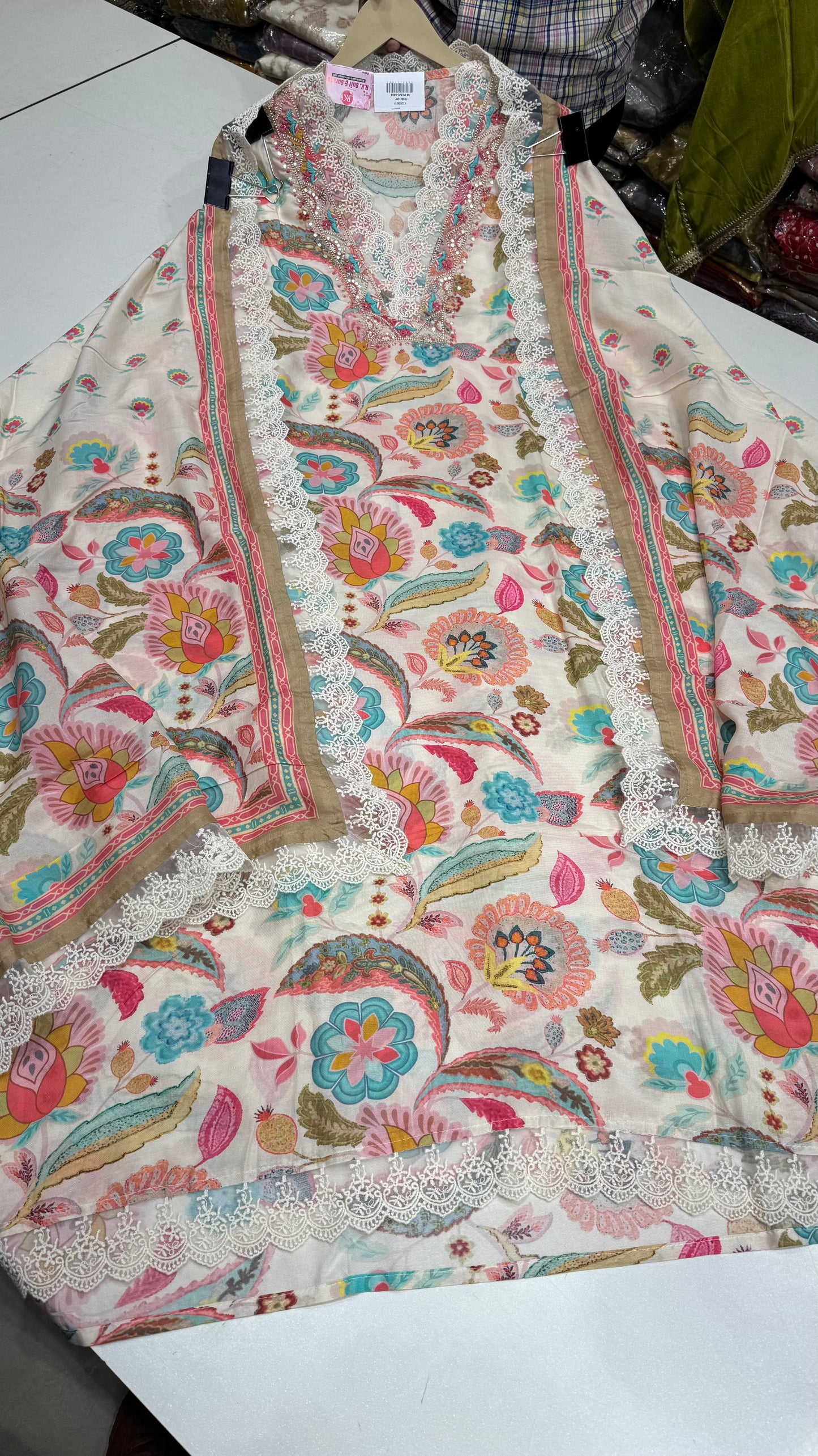 Elegant Muslin Printed Suit with Hand-Embroidered Neckline, Silk Bottom & Muslin Dupatta (3-Piece Set)