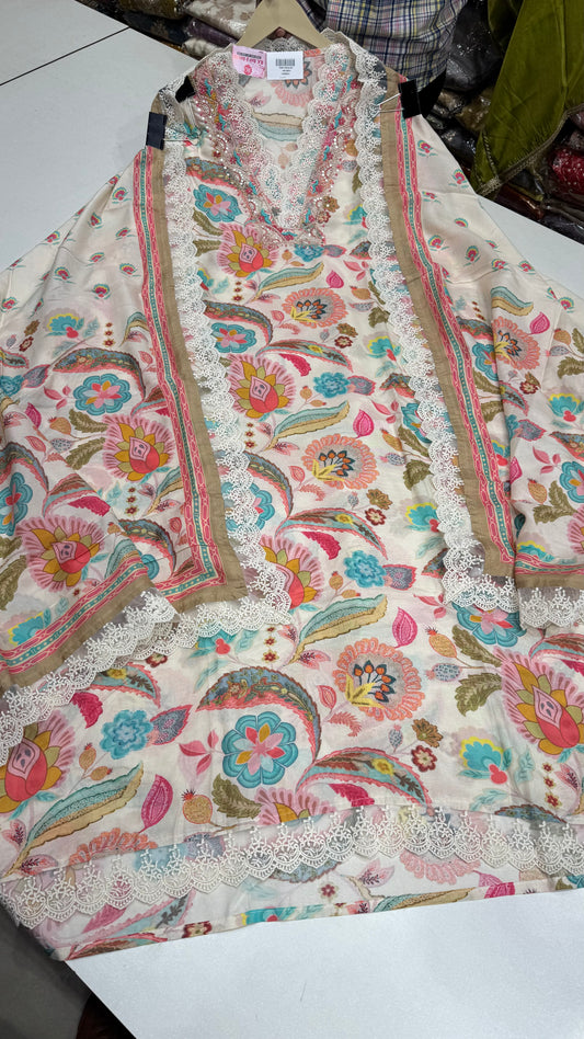 Elegant Muslin Printed Suit with Hand-Embroidered Neckline, Silk Bottom & Muslin Dupatta (3-Piece Set)