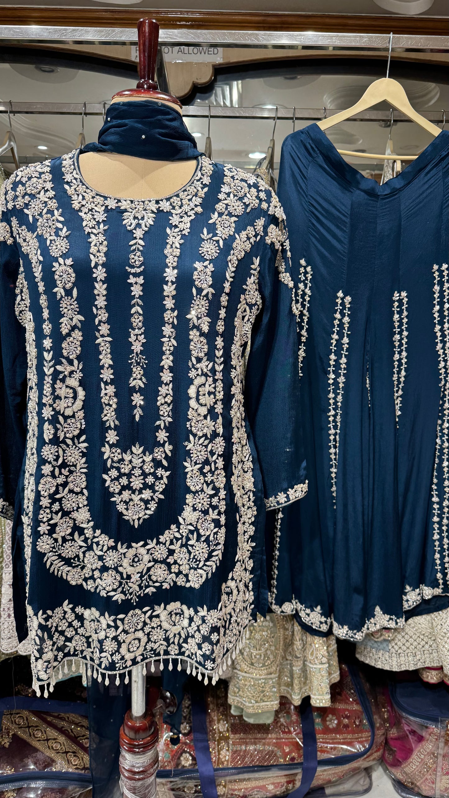 Embroidered Chinon Sharara Suit Set with Pearl Detailing – Available in Peach, Bottle Green & Navy Blue