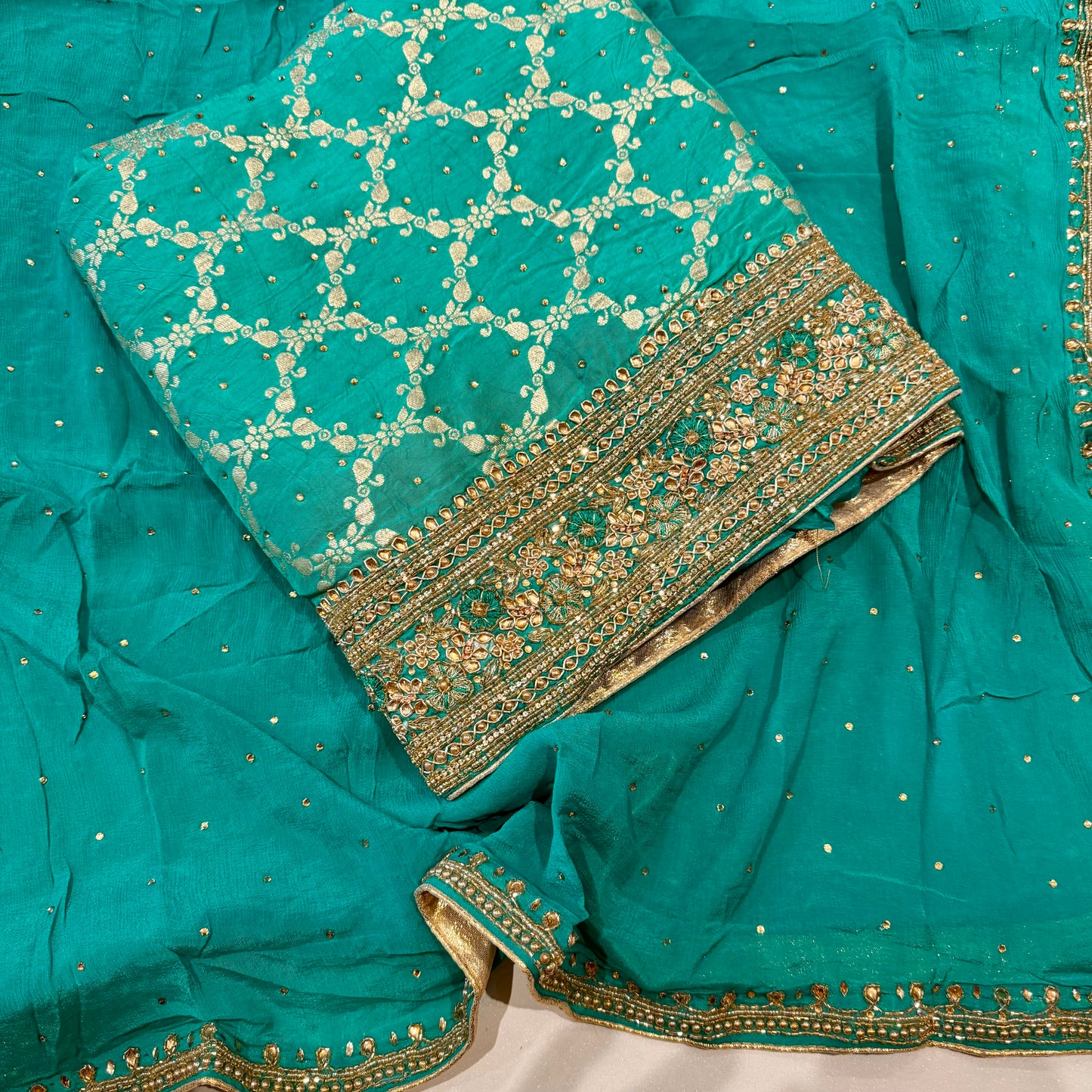Banarsi Silk Handwork Suit set with Chinon dupatta