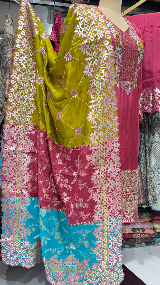 Designer Readymade Chinon Crepe Suit with Handwork, Embroidered Crepe Pants & Banarasi Dupatta