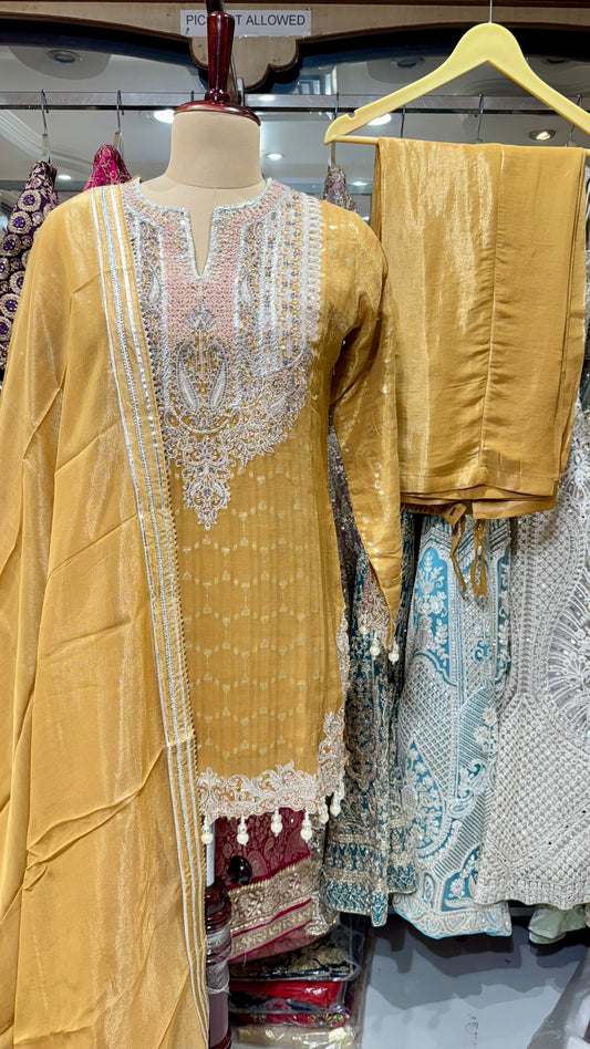 Embroidered Tissue Silk Pant Suit with Pearl Detailing – Available in Mustard & Rust