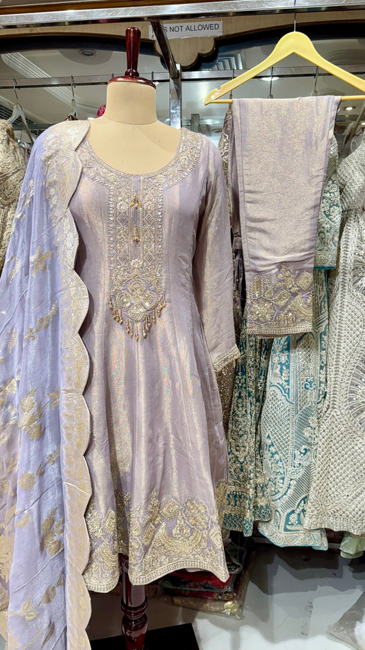 Elegant Tissue Silk Anarkali Set with Banarasi Tissue Dupatta & Embroidered Pants