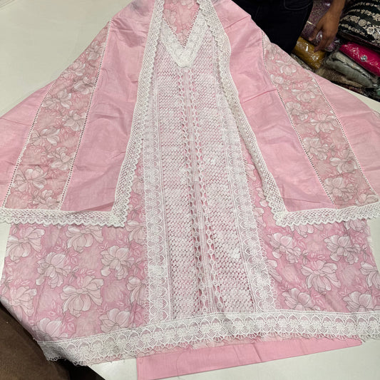 Unstitched Pure Cotton Suit with Lace Embroidery & Cotton Bottom