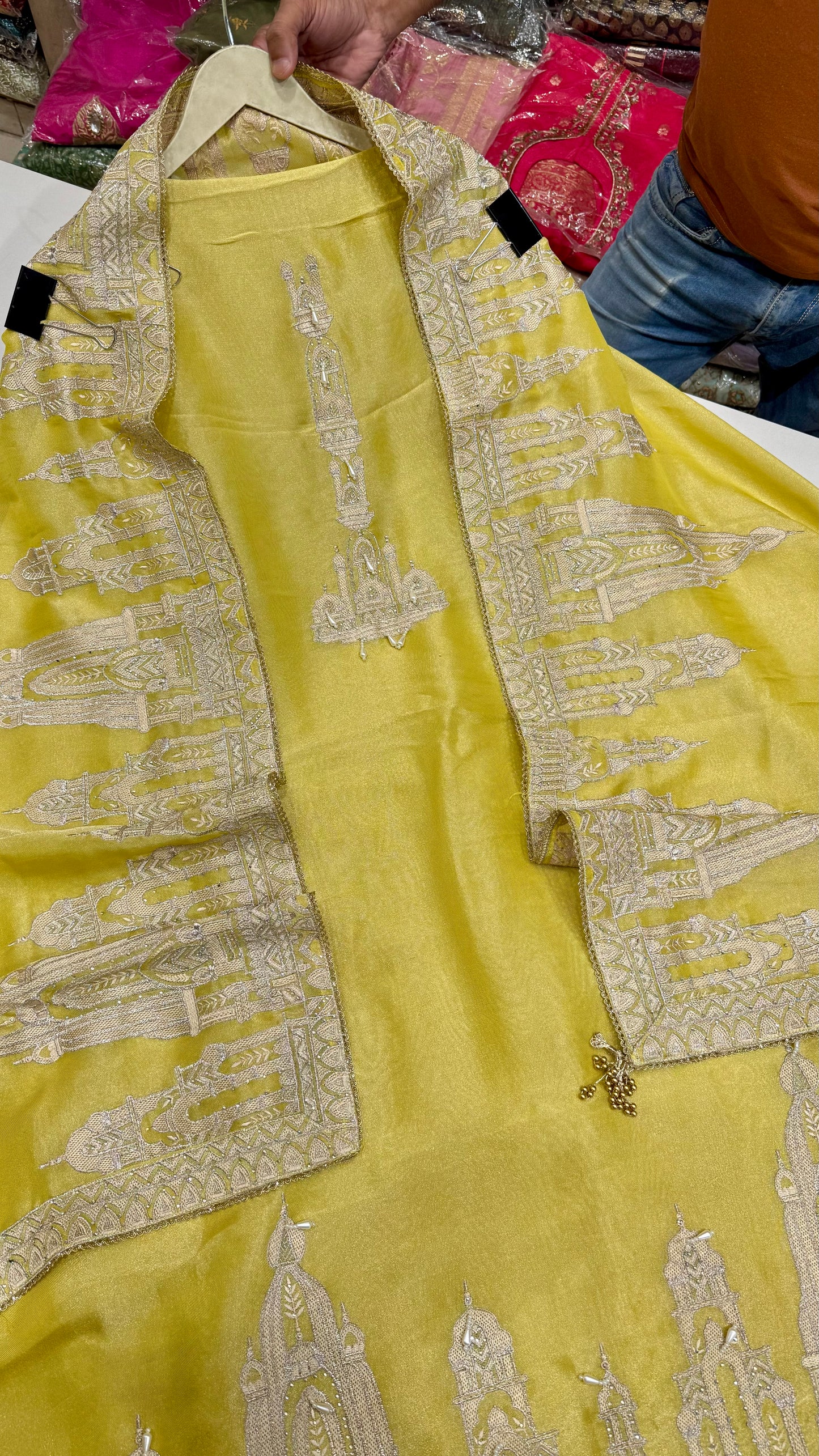Heritage Temple Motif Unstitched Shimmer Tissue Suit Set