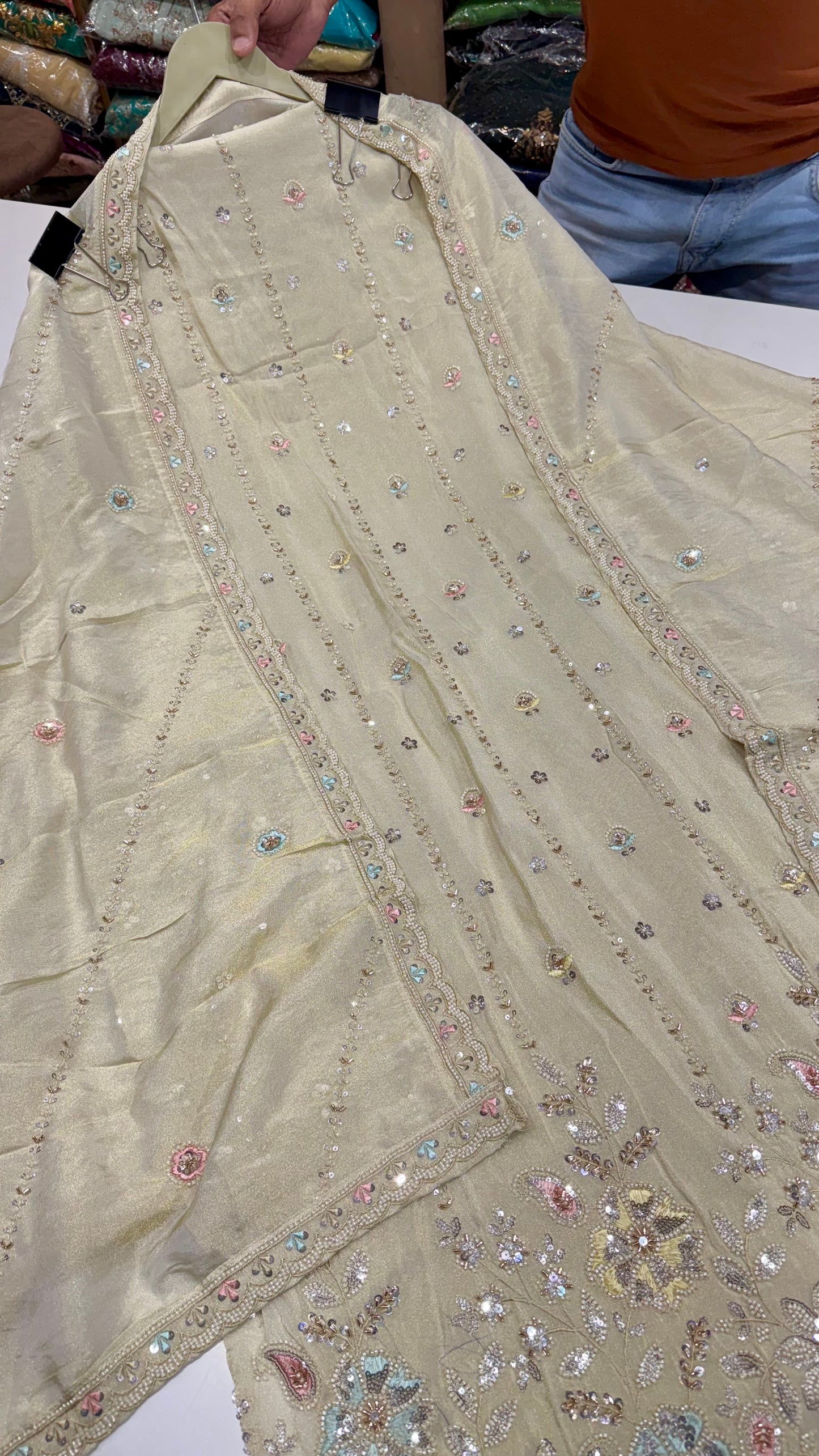 Elegant Tissue Unstitched Suit with Zardozi, Pearls & Dabka Embroidery