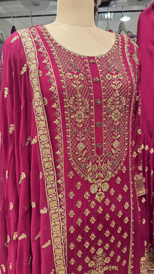 Maroon Georgett Zari work gharara suit set