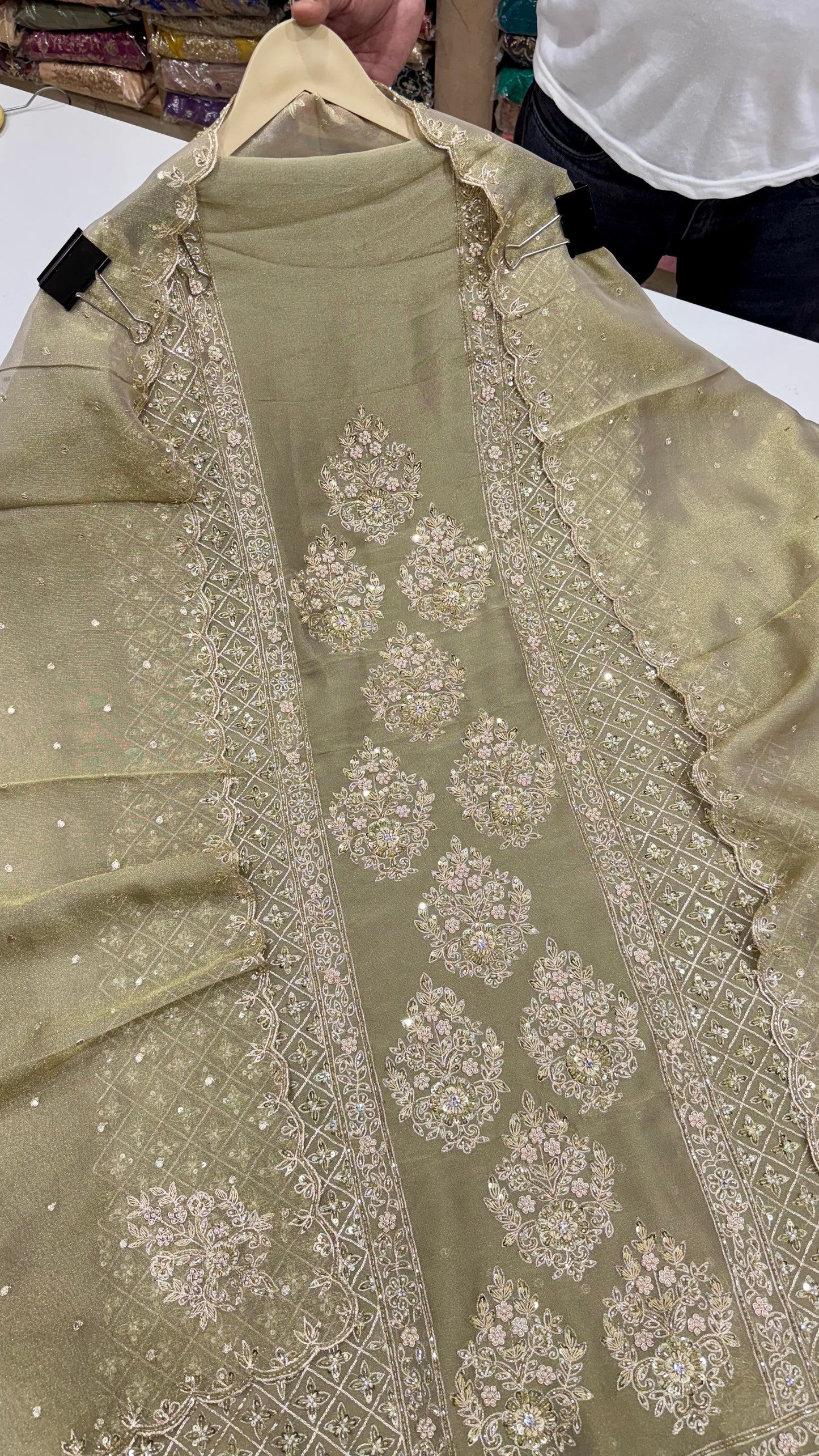 Luxury Shimmer Tissue Unstitched Suit with Zardozi, Pearls & Dabka Embroidery