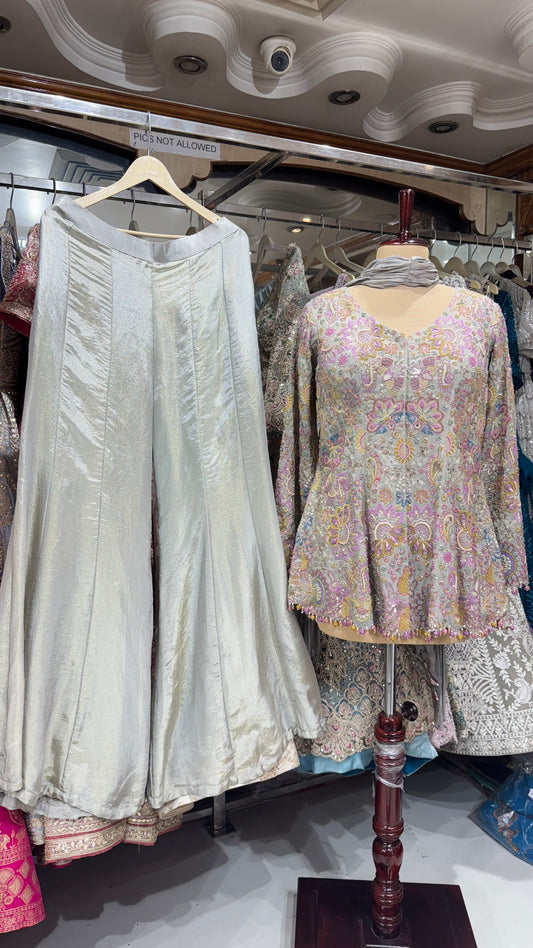 Luxury Pure Tissue Hand Embroidered Indo-Western Kurti with Sharara Pants