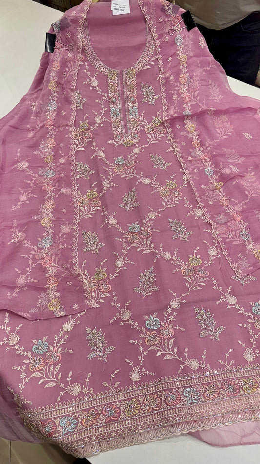 Unstitched Crush Organza Front Jaal Thread Work Suit with Chiffon Embroidered Border Dupatta & Soft Silk Bottom