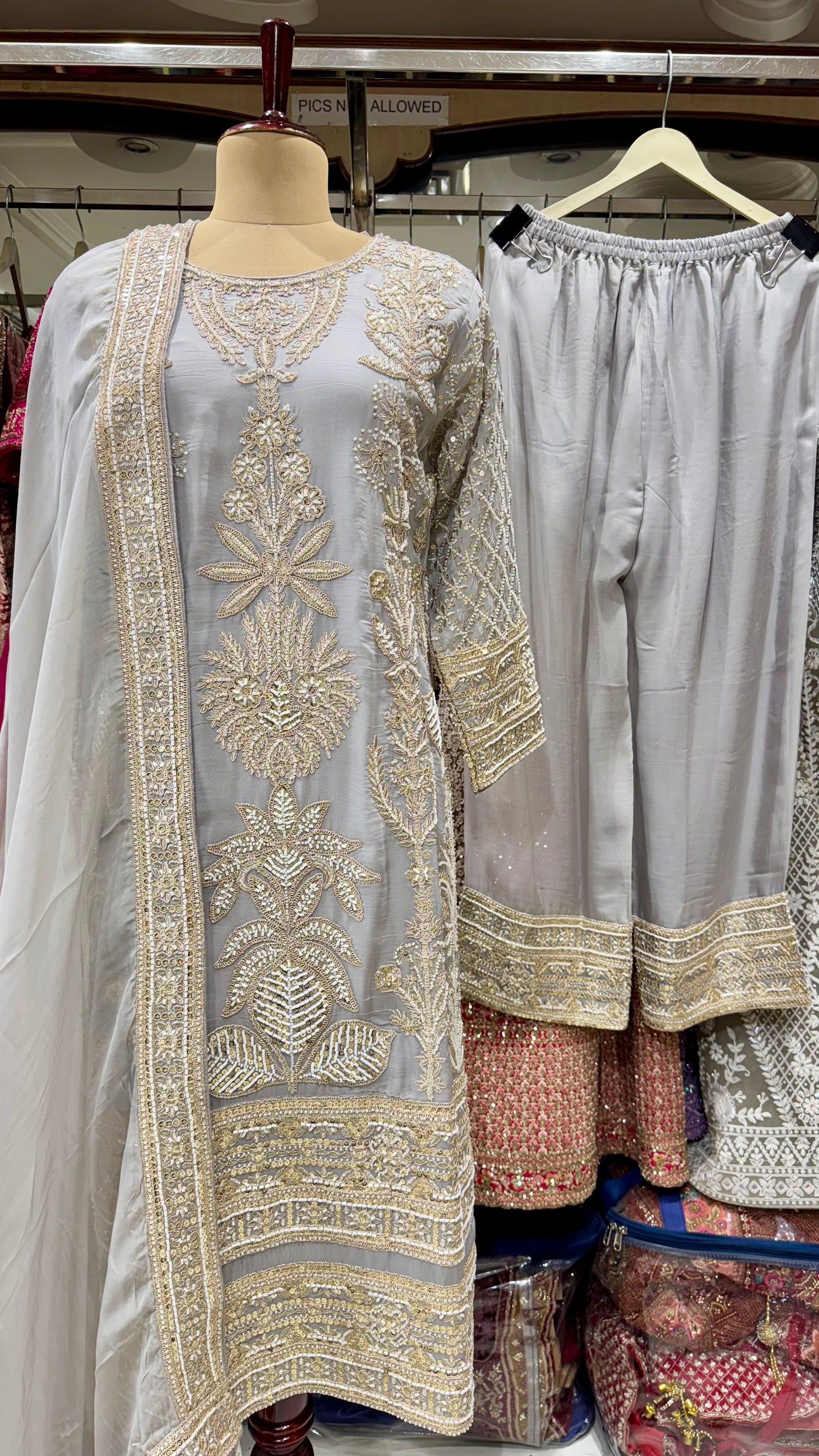 Luxury Readymade Hand Embroidered Organza Pakistani Style Long Suit Set with Embroidered Pants