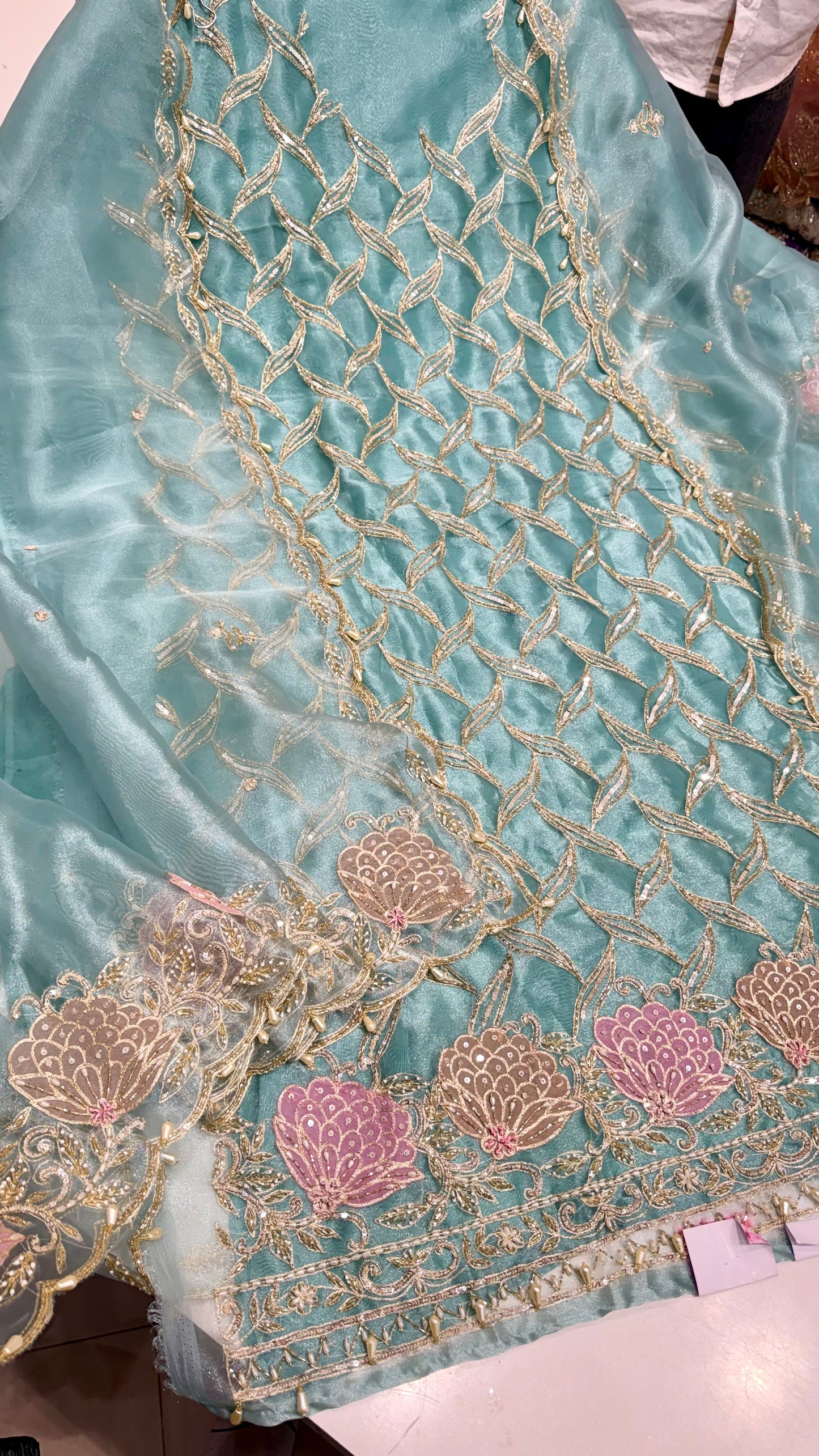 Designer Pure Glass Organza Unstitched Suit with Zardozi Handwork & Embroidered Dupatta