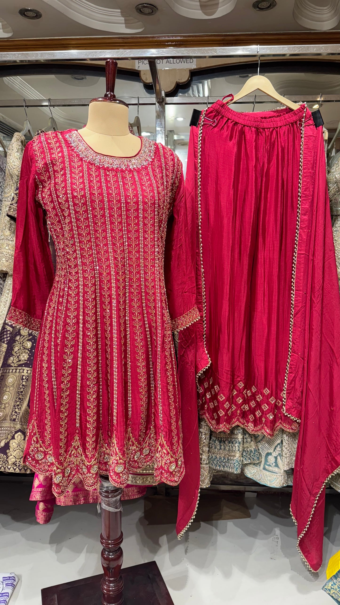 Maroon Anarkali Suit with Gold Embroidery, Sharara Pants & Dupatta – Bridal & Festive Indian Ethnic Wear