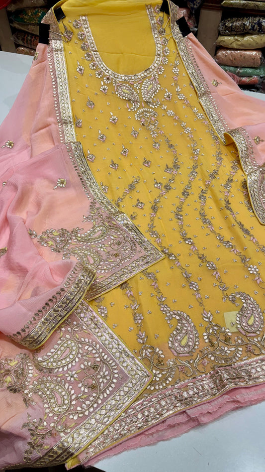 Luxury Hand Embroidered Unstitched Georgette Suit with Chinon Dupatta