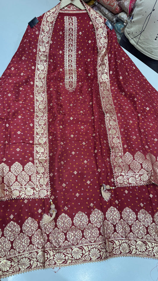 Elegant Banarasi Silk Unstitched Suit with Handloom Weaving Dupatta