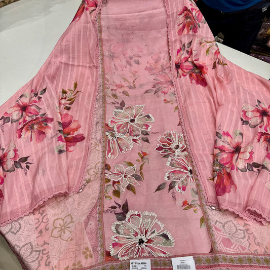 Trendy Pure Mul Mul Cotton Hand-Embroidered Suit with Digital Printed Dupatta & Cotton Bottom