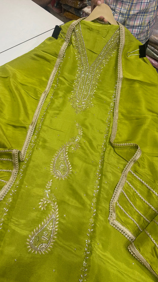 Elegant Hand-Embroidered Tissue Silk Suit with Brocade Bottom & Tissue Dupatta (3-Piece Set)