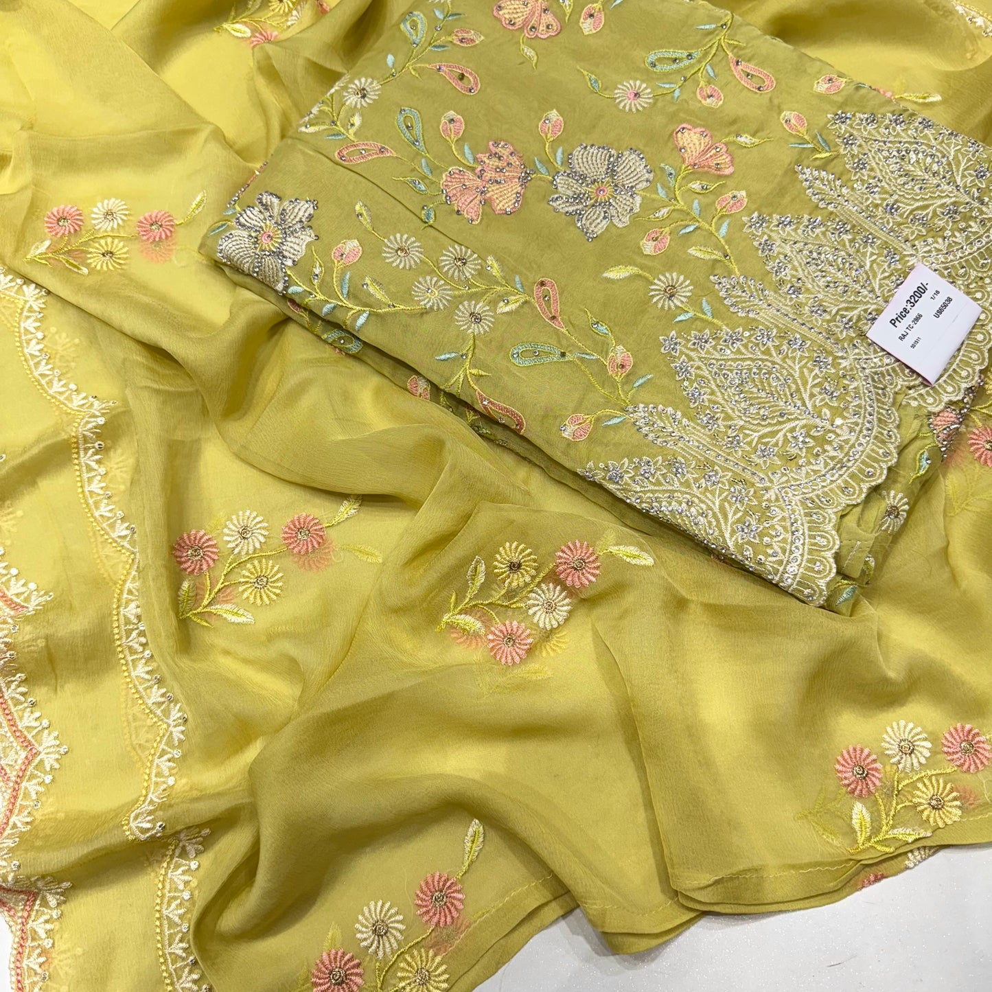 Multicolor Thread work Orgenza Suit set with chiffon dupatta