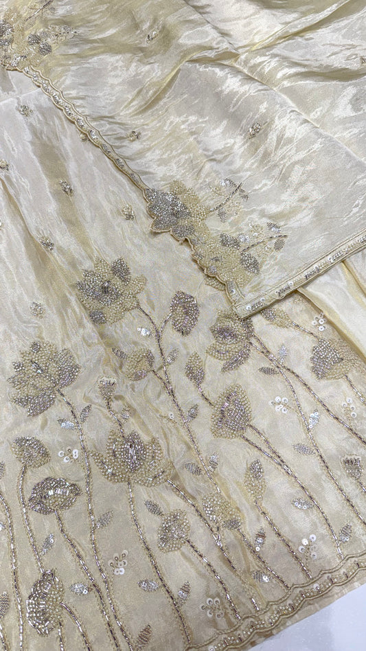 Luxury Pure Tissue Hand Embroidered Unstitched Suit with Cutwork Dupatta