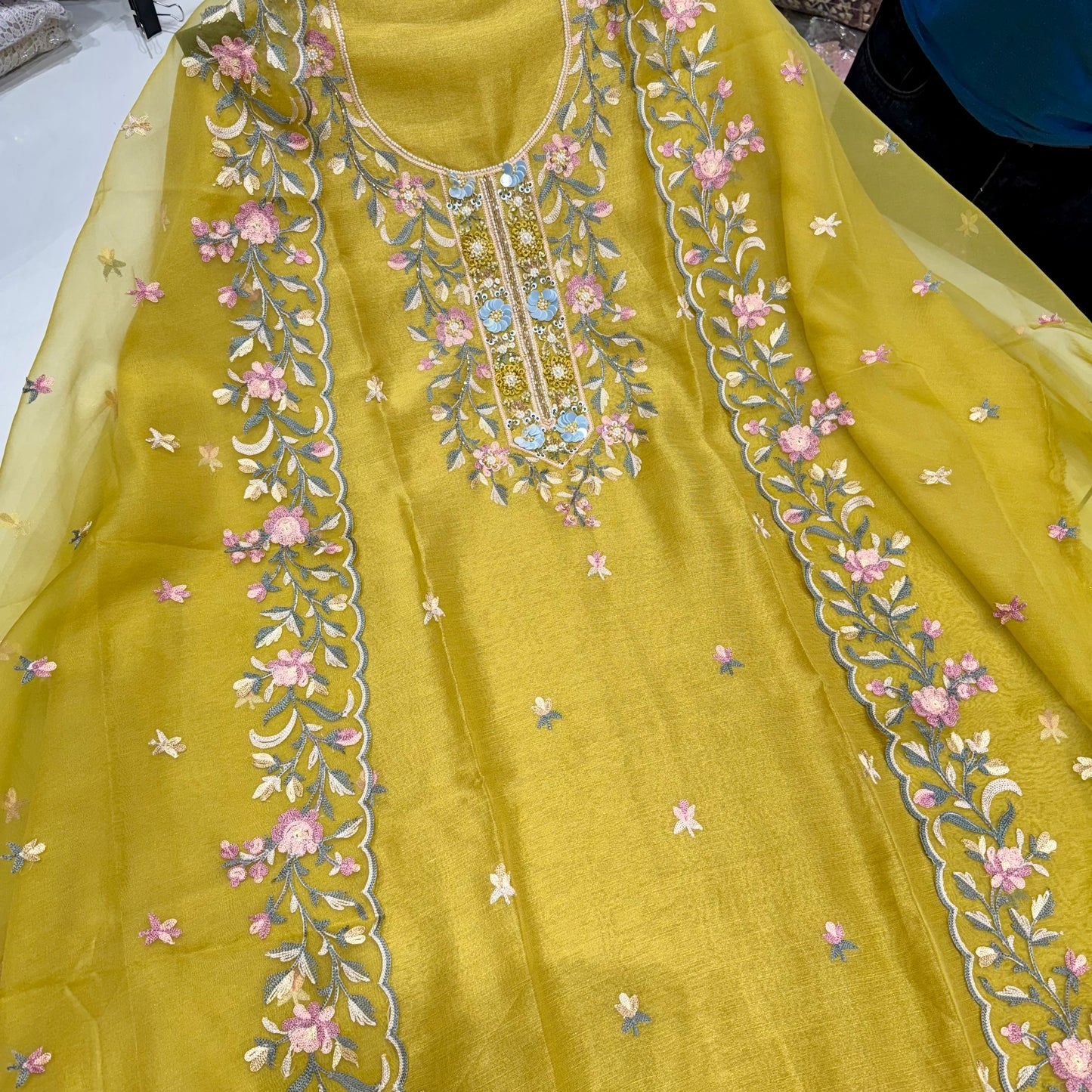 Unstitched Tissue Silk Kalamkari Embroidered Suit with Handwork Neck & Organza Dupatta