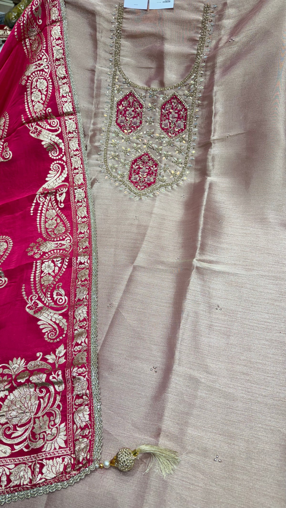 Premium Unstitched Pure Shimmer Tissue Embroidered Suit with Designer Banarasi Dupatta | Nakshi & Zardozi Handwork | Luxury Wedding Wear