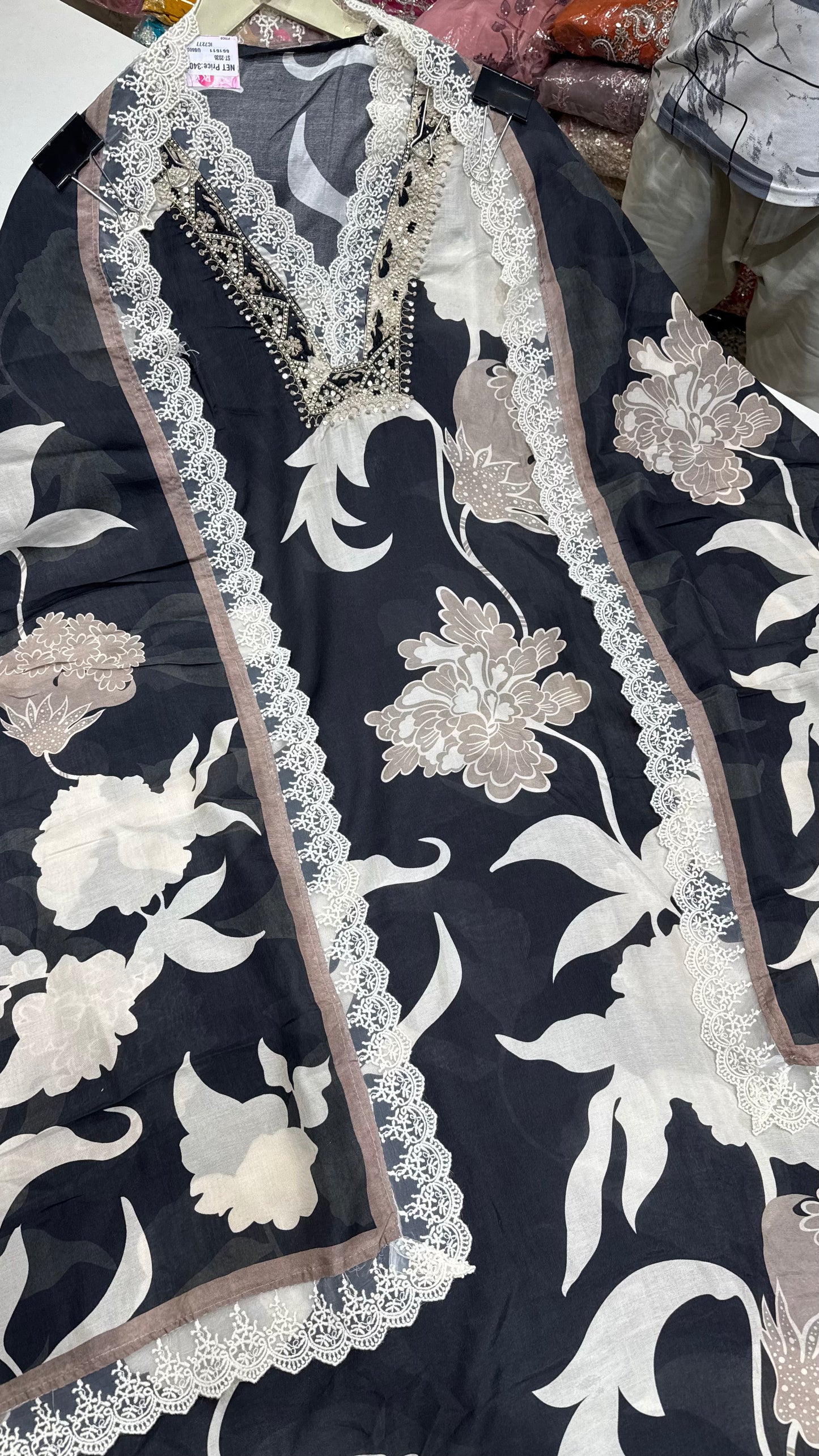 Designer Pure Muslin Digital Print Unstitched Suit with Hand Embroidery & Lace Detailing