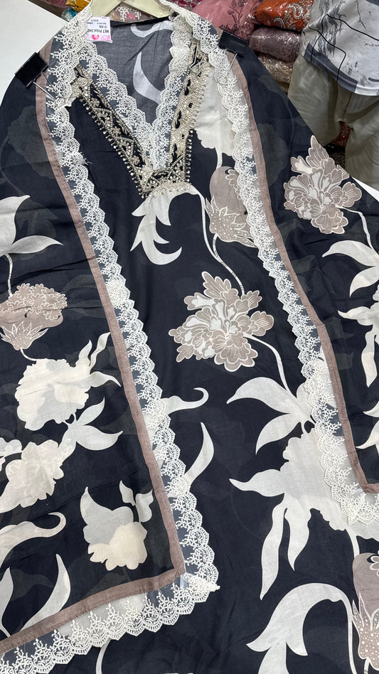 Designer Pure Muslin Digital Print Unstitched Suit with Hand Embroidery & Lace Detailing