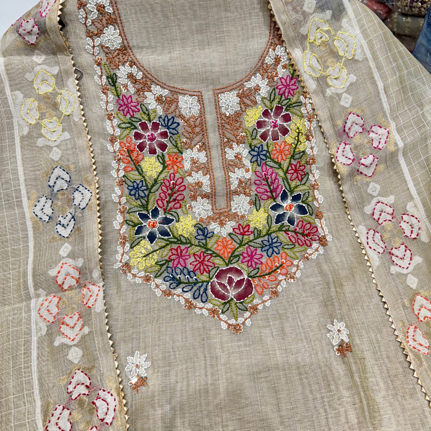 Ivory Gold Mal Chanderi Cotton Suit Set – Multicolor Hand Embroidered Neck & Dupatta with Pure Cotton Bottom