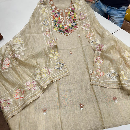 Ivory Gold Mal Chanderi Cotton Suit Set – Multicolor Hand Embroidered Neck & Dupatta with Pure Cotton Bottom