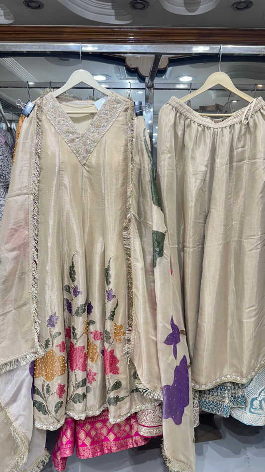 Elegant Tissue Anarkali with Embroidered Floral Detailing & Matching Sharara – Beige & Multicolor Accents