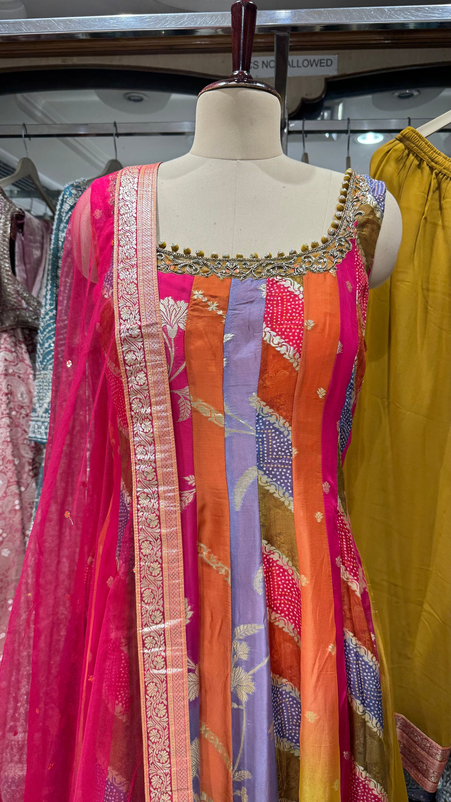 Multicolor Banarasi Handloom Organza Silk Anarkali Suit – Readymade Free Size (Up to 44” Bust)