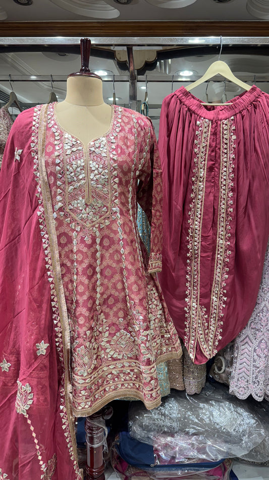 Readymade Short Anarkali Tulip Salwar Suit in Pure Tissue – Free Size (Up to 44” Bust)