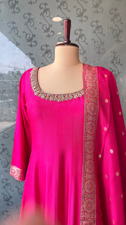 Elegant Fuchsia Pink Silk Anarkali Suit with Intricate Golden Embroidery & Matching Dupatta