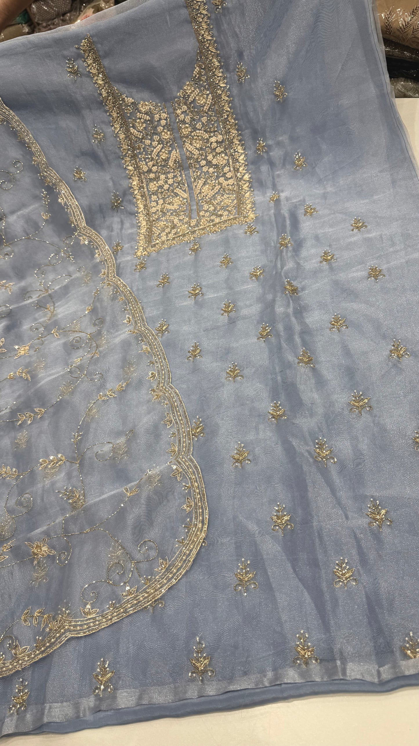 Luxury Unstitched Pure Glass Organza Hand Embroidered Suit with Nakshi, Pearls & Cutdana Work | Premium Designer Wedding & Party Wear Dress Material