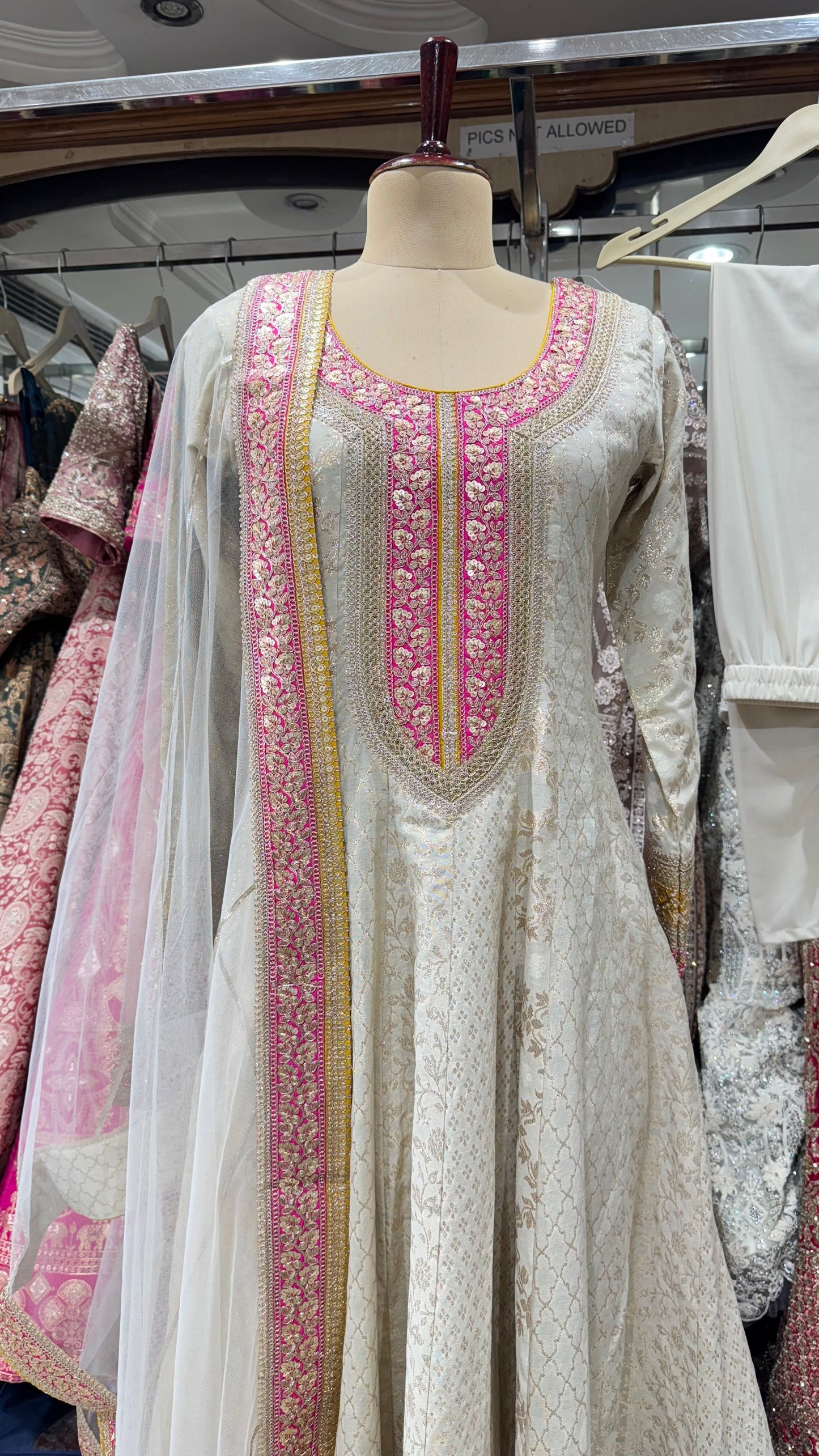 Elegant Pure Mysore Tissue Zari & Sequin Embroidered Readymade Anarkali Suit – Free Size (Up to 42” Bust)