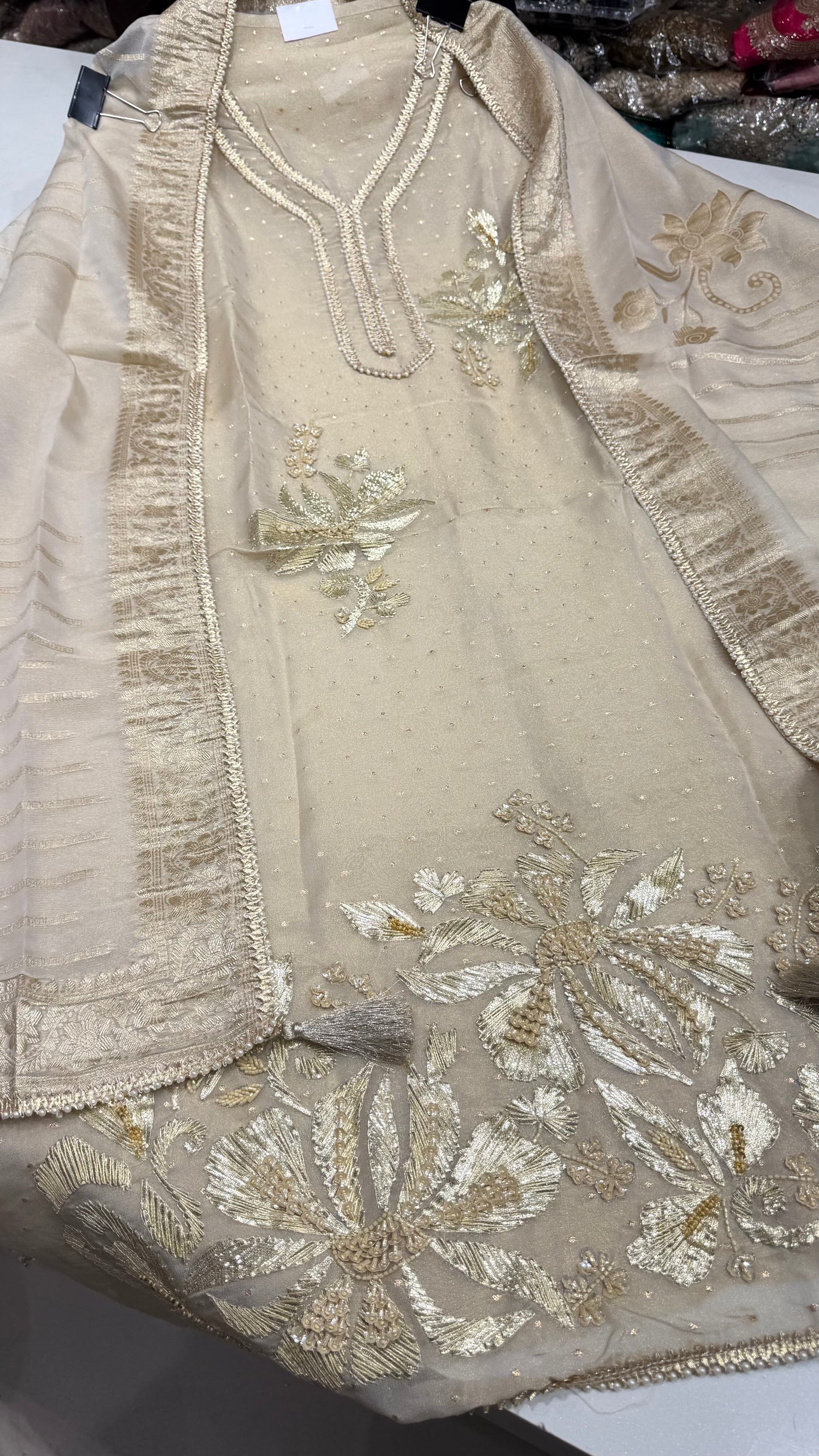 Elegant Banarasi Tissue Hand Embroidered Unstitched Suit with Kantha Work