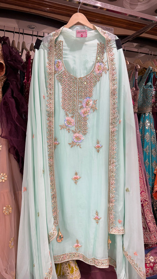 Luxury Unstitched Pure Organza Zardozi Suit | Designer Dabka Embroidery Dress Material with Heavy Neck, Daman & Sleeves Work | 4-Side Embroidered Dupatta | Silk Bottom Fabric (US7235)
