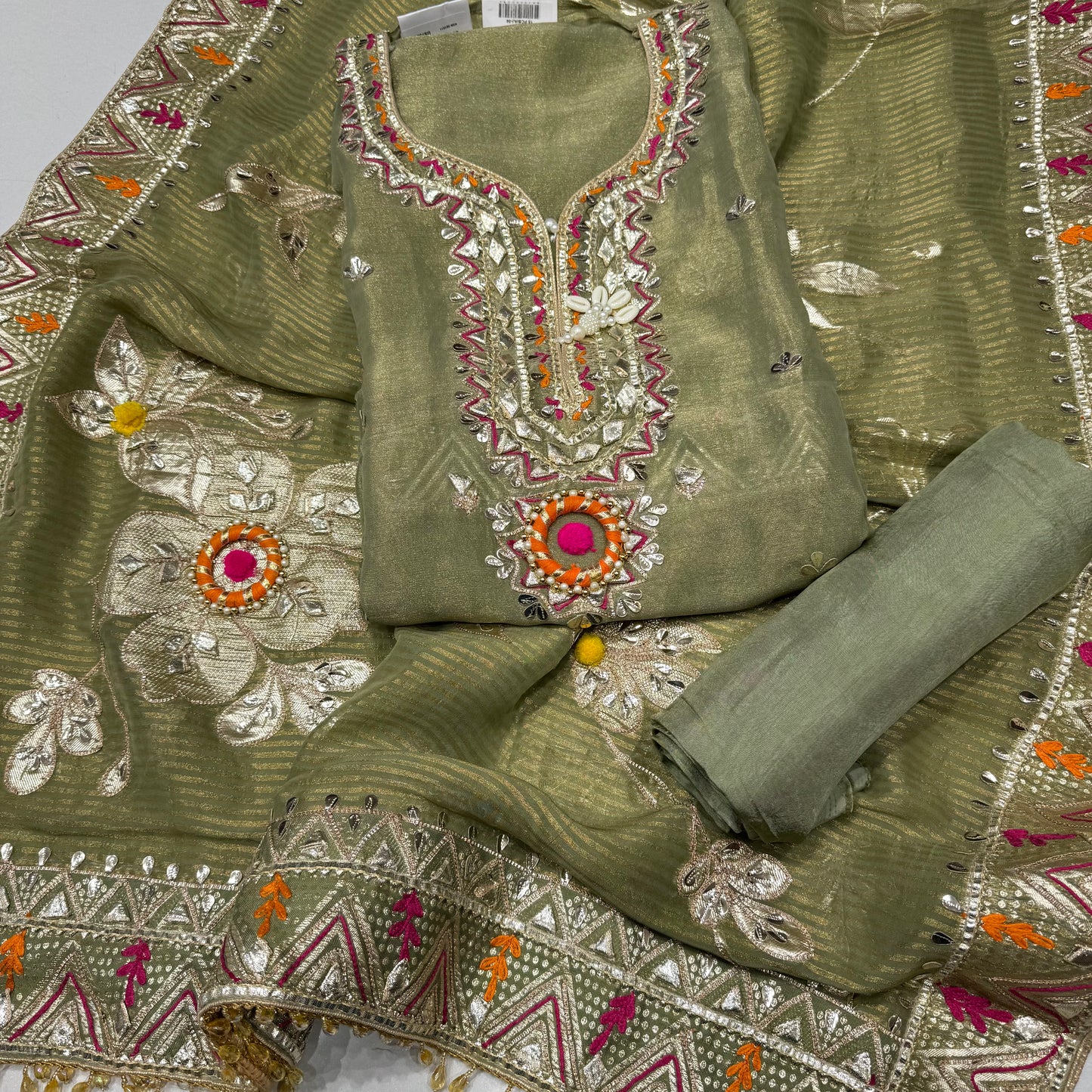 Olive green tissue silk gotta patti suit set