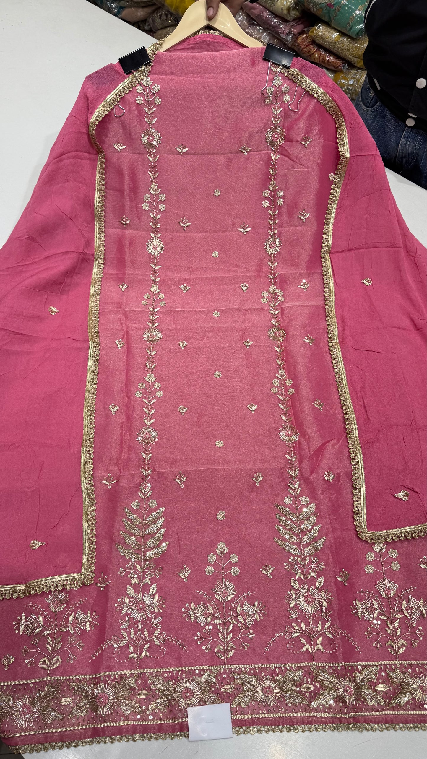 Pure Shimmer Tissue Zardozi Handwork Unstitched Suit Set