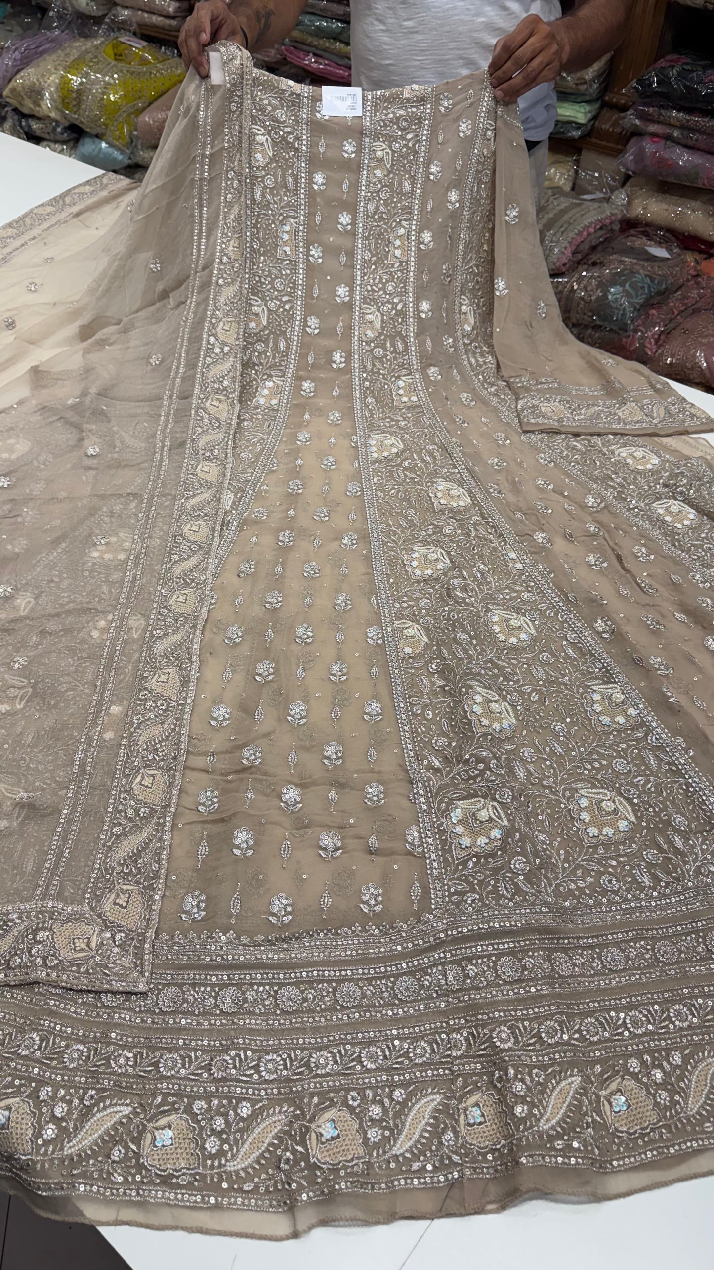 Luxury Unstitched Pure Georgette Zari Lakhnavi Anarkali Suit with Resham, Sequin & Pearl Handwork | Designer Wedding & Party Wear Suit