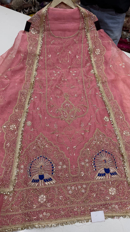 Luxury Dabka & Farrukhabadi Handwork Organza Unstitched Suit with Jaal Dupatta