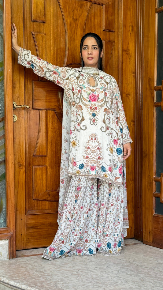 Pure White Floral Luxe Digital Print Sharara Suit Set with Dupatta