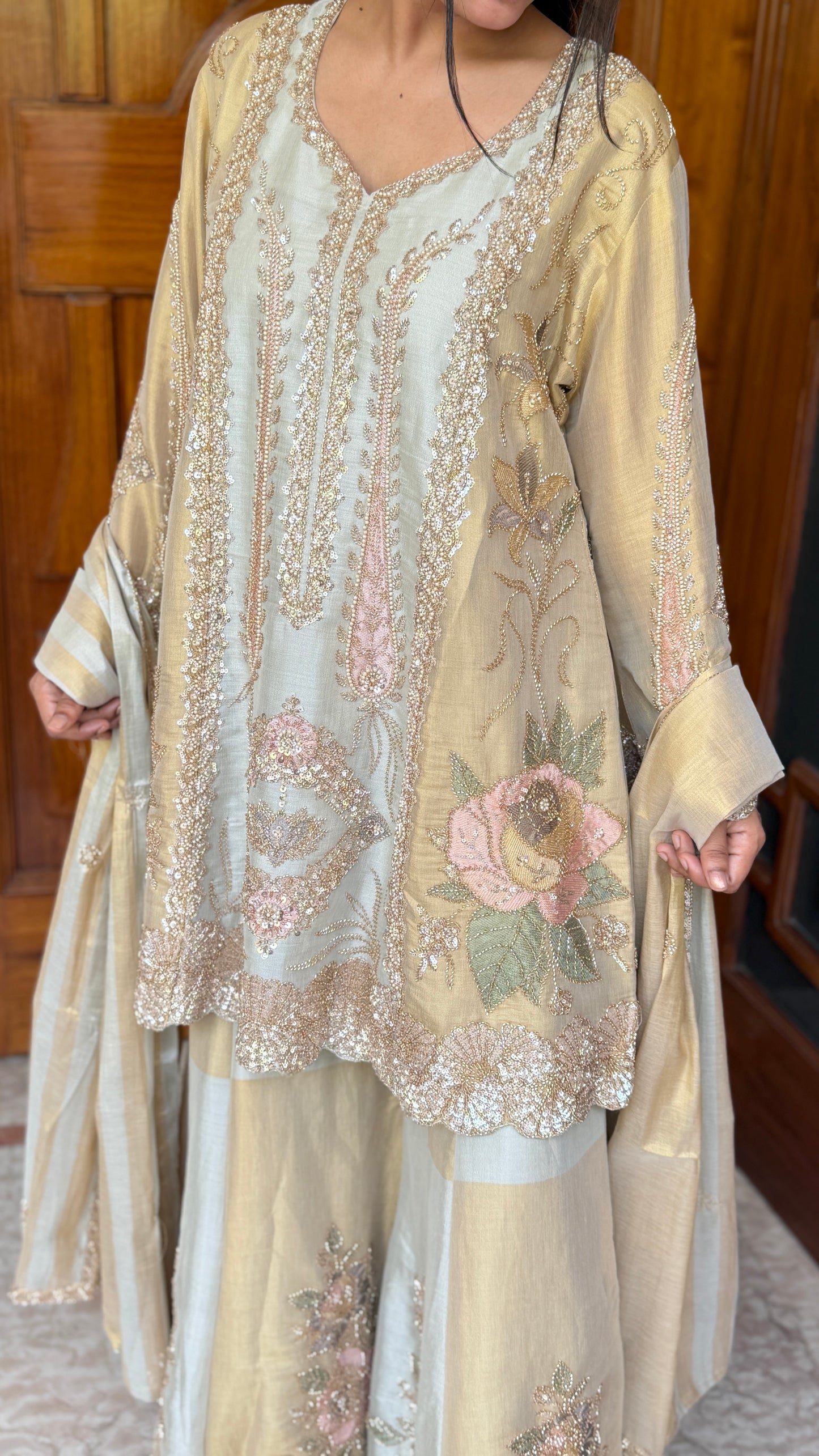 Pastel Gold A-Line Pakistani Tissue Sharara Suit Set with Hand Nakashi Work