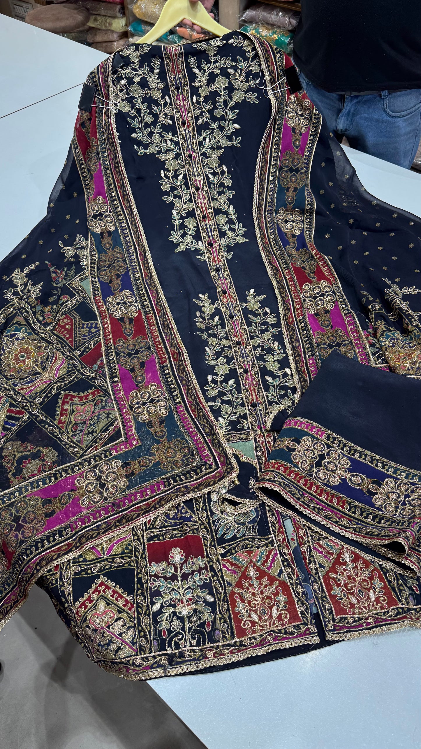 Unstitched Pure Crepe Achkan Style Suit with Zari Embroidery & Chinon Dupatta