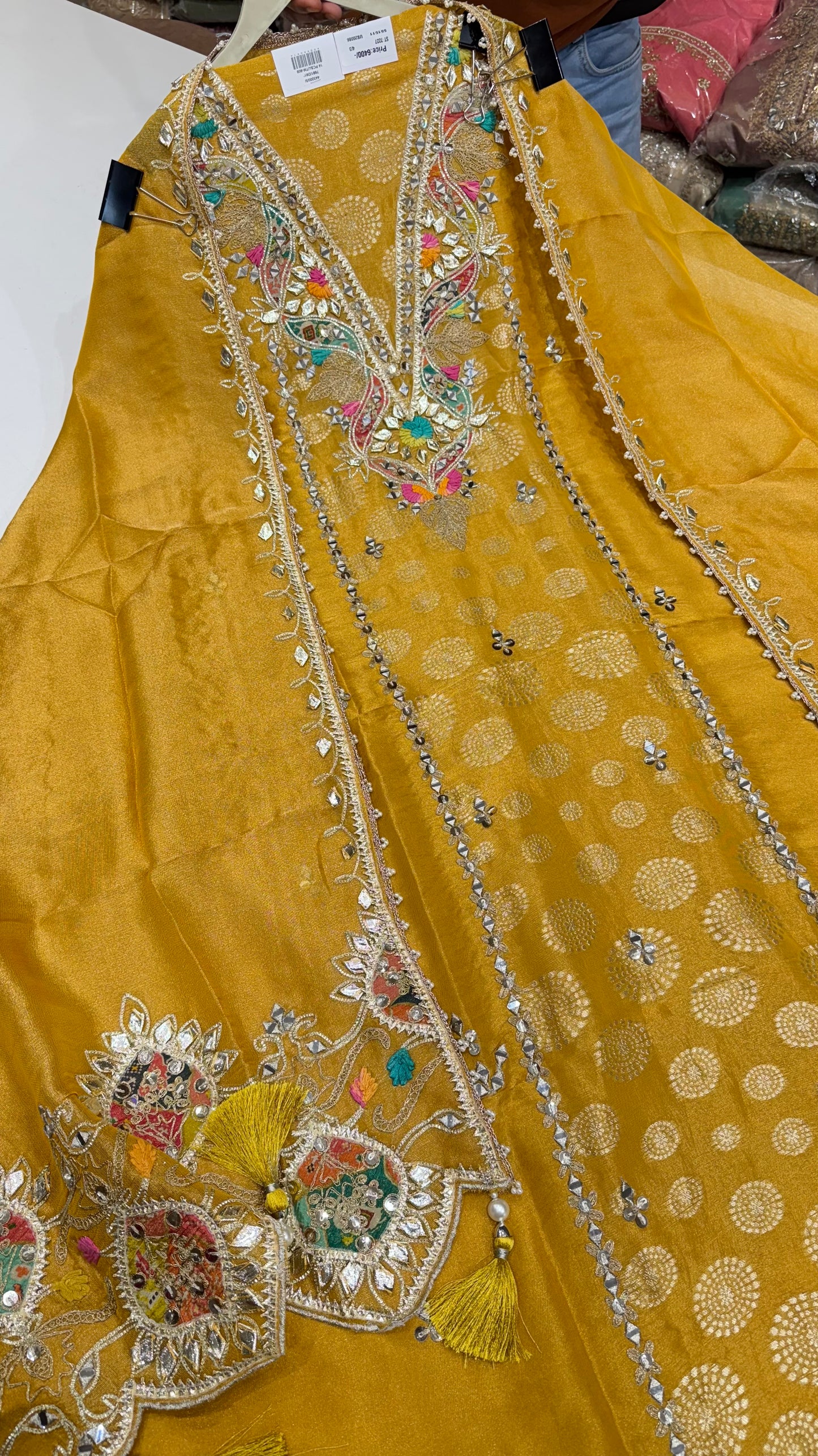 Elegant Pure Banarasi Tissue Unstitched Suit with Hand-Embroidered Gota Patti & Multithread Work