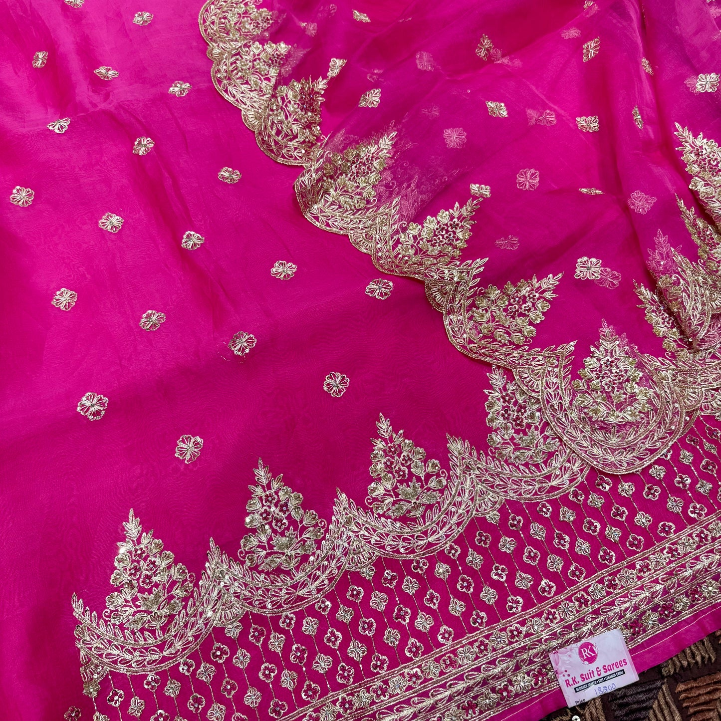 Mazenta Pink pure orgenza Handwork suit set with four side dupatta