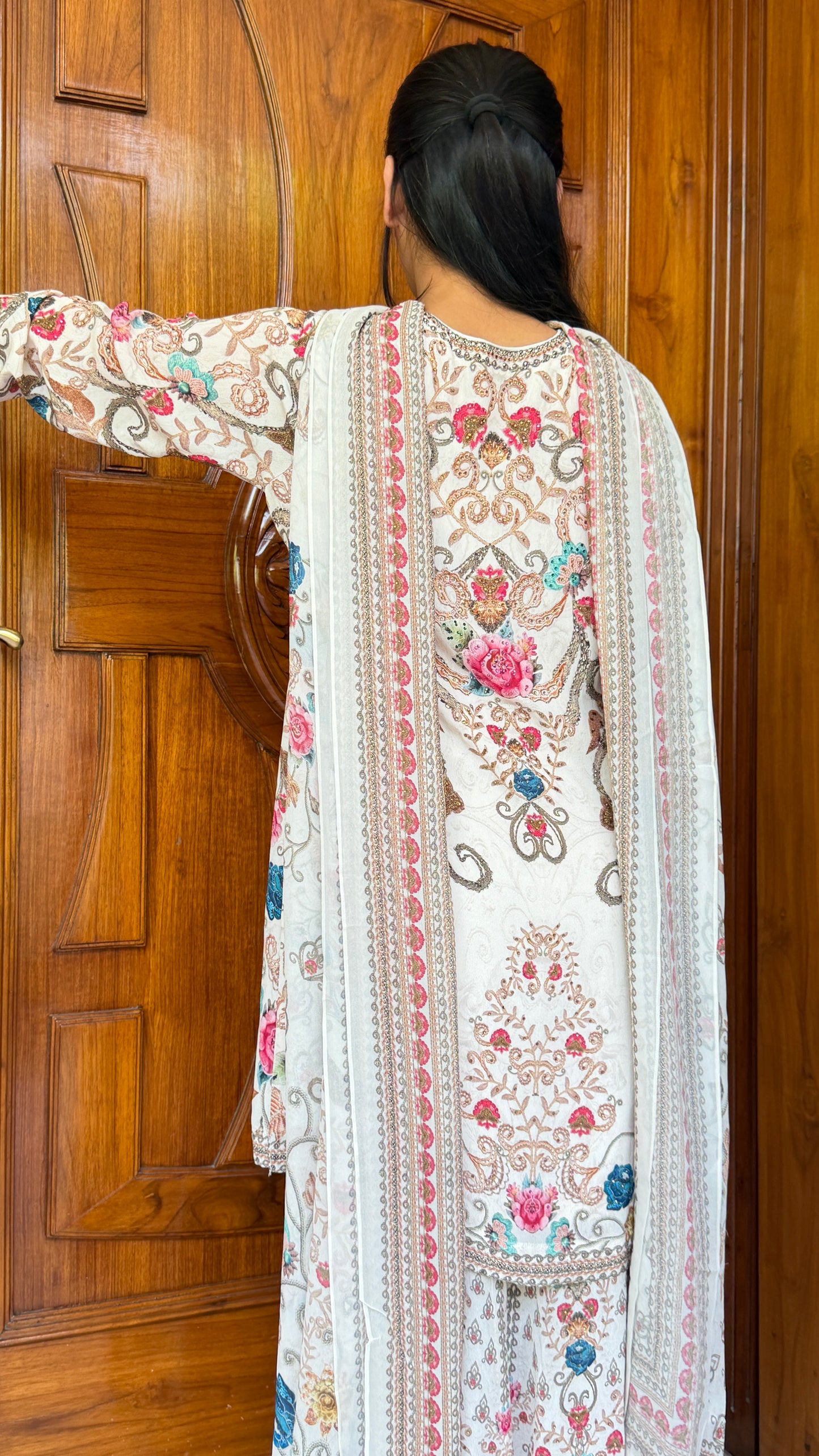 Pure White Floral Luxe Digital Print Sharara Suit Set with Dupatta