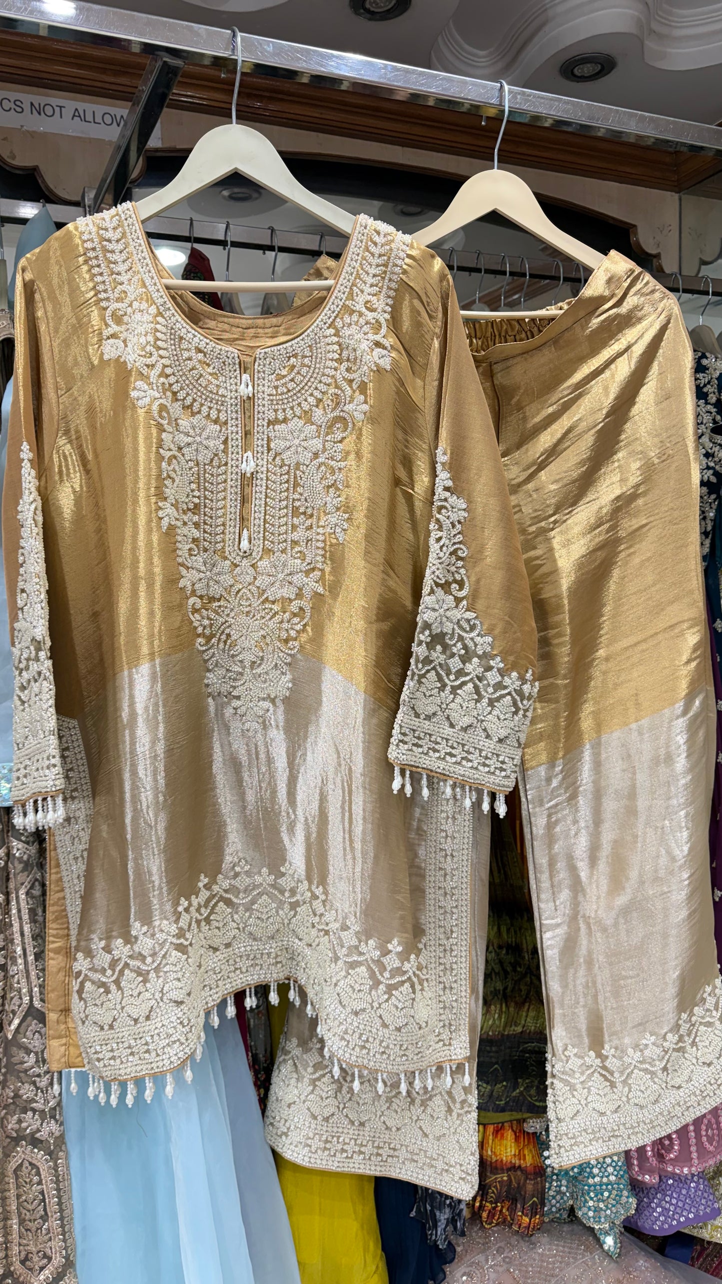 Raw Tissue silk pearls work readymade pants suit