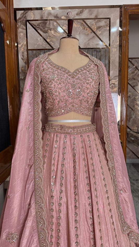 Luxury Readymade Pure Tissue Zardozi Hand-Embroidered Lehenga Choli with Dupatta (Free Size up to 44 Bust)